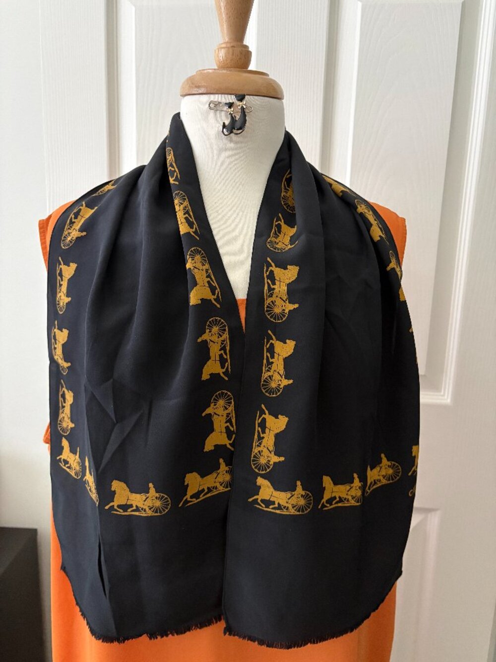 Celine Paris Black and Gold Horse and Carriage Design Silk Scarf Vintage